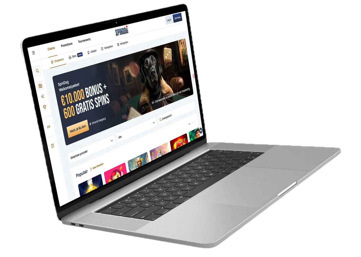 Spindog Casino website interface showing game lobby and promotions